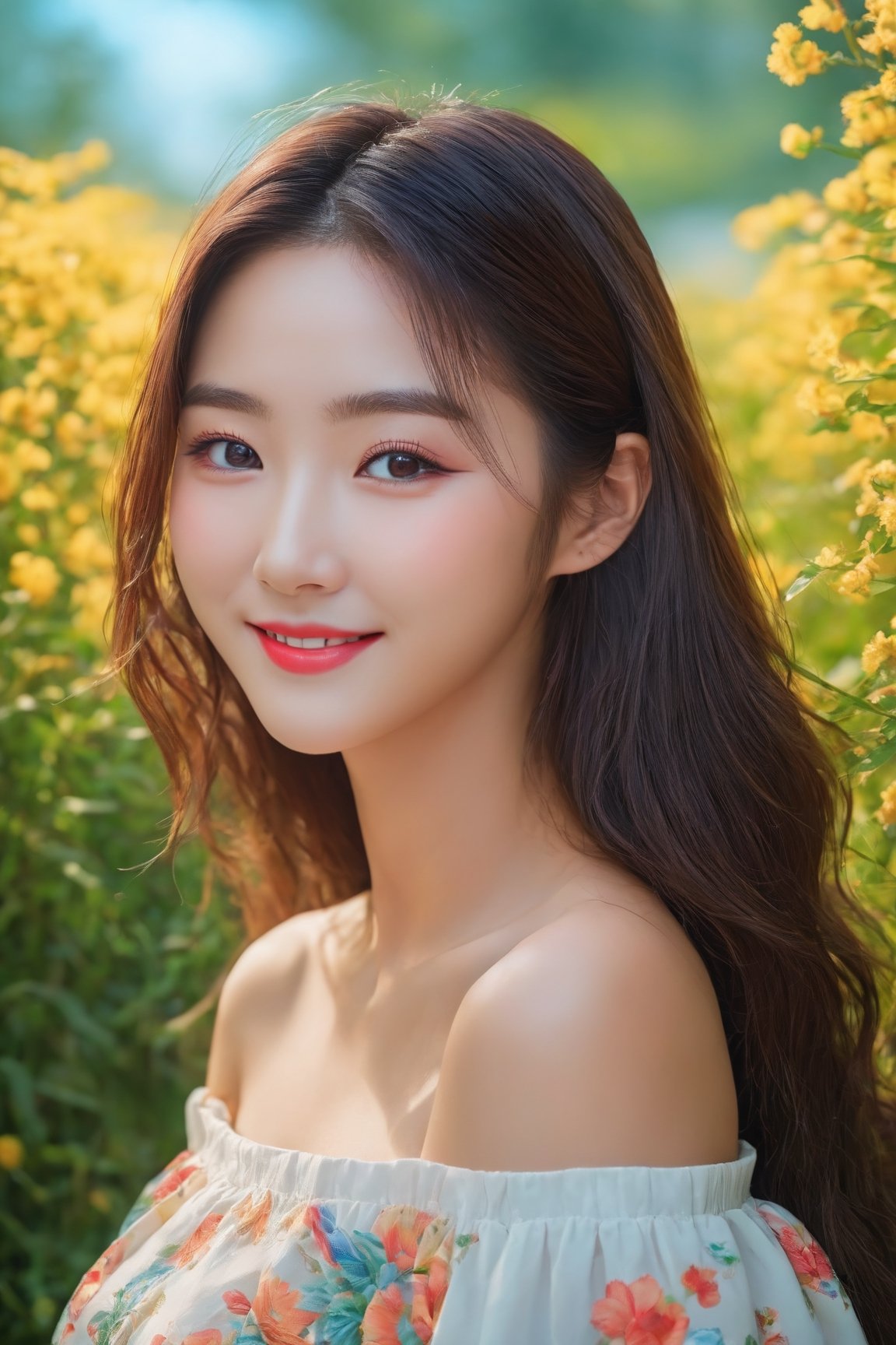 (best quality, masterpieces:1.2, ultra high resolution, 8k, realistic:1.4), 1girl, korean, cute smile, off-the-shoulders, cinematic lighting, beautiful detailed eyes, beautiful detailed lips, longeyelashes, soft skin, flowing hair, colorful garden backdrop, vibrant colors, sunshine ambiance