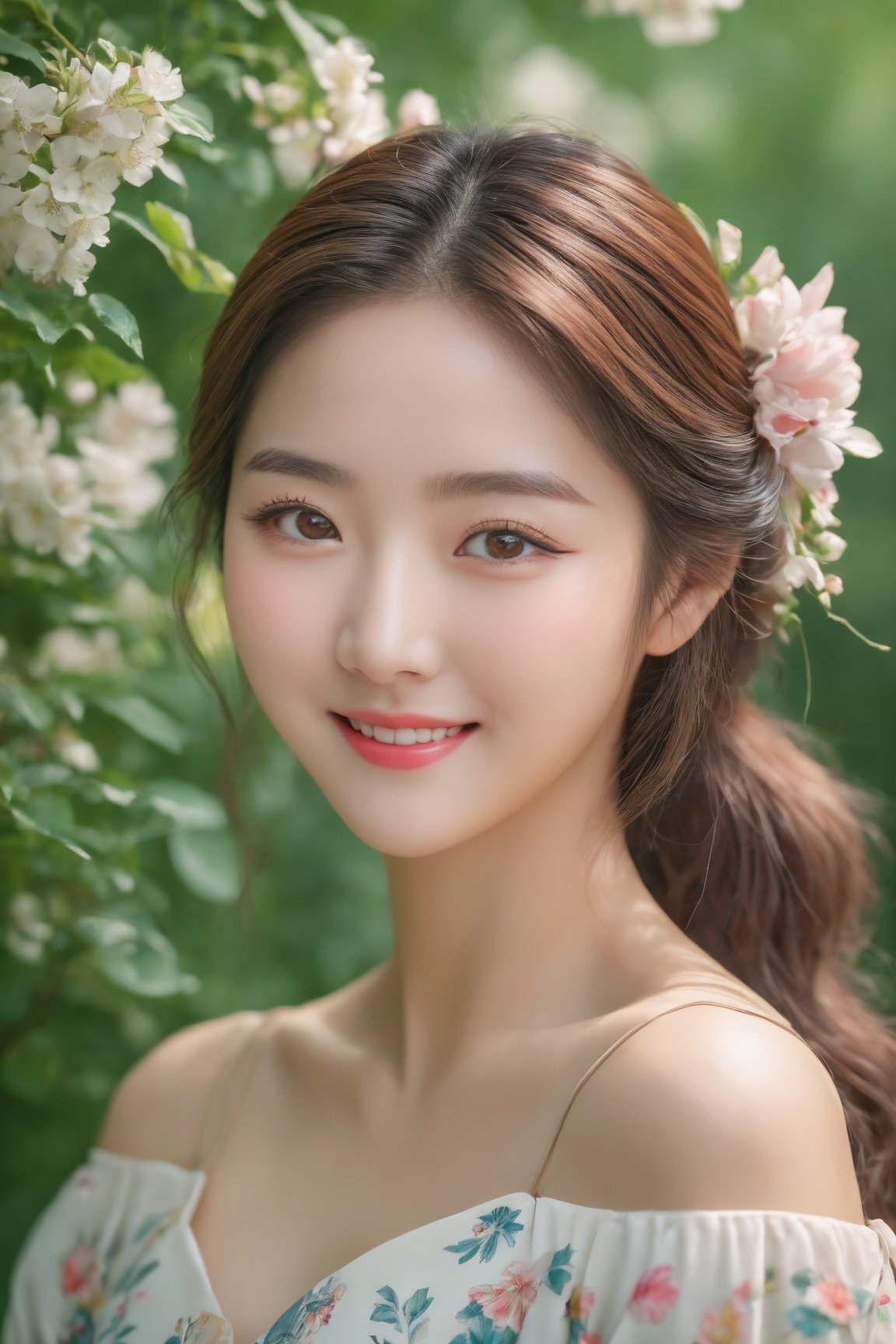 (best quality,4k,8k,highres,masterpiece:1.2),ultra-detailed,(realistic,photorealistic,photo-realistic:1.37),1Girl,korean,cute smile,off-the-shoulders,cinematic lighting,beautiful detailed eyes,beautiful detailed lips,long eyelashes,soft natural light,korean traditional dress,flowy and vibrant colors,lush garden backdrop,lively flowers,gentle breeze,joyful expression,peaceful atmosphere,subtle color grading,serene and dreamy ambiance