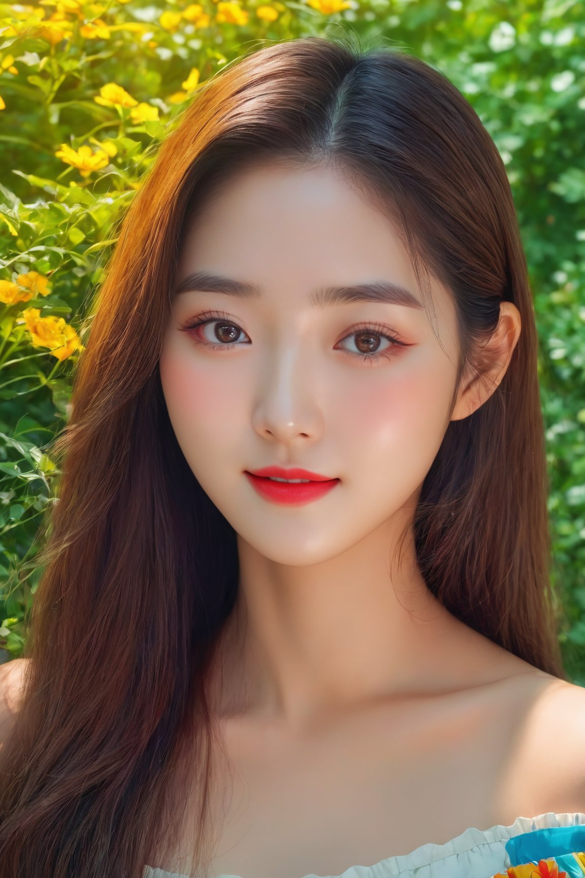 (best quality, masterpieces:1.2, ultra high resolution, 8k, realistic:1.4), 1girl, korean, cute smile, off-the-shoulders, cinematic lighting, beautiful detailed eyes, beautiful detailed lips, longeyelashes, soft skin, flowing hair, colorful garden backdrop, vibrant colors, sunshine ambiance