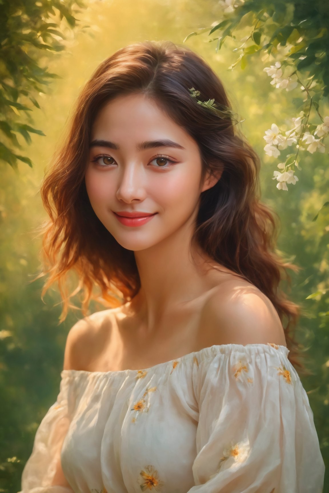 (best quality,masterpiece,ultra high resolution:1.2), ultra-detailed, (realisticity:1.4), original photo, 1girl, brown eyes, cute smile, off-the-shoulders, cinematic lighting, oil painting, vibrant colors, blooming flowers, greenery, warm sunlight, soft shadows, dreamy atmosphere, natural pose, relaxed expression, gentle breeze, blurred background, delicate brushstrokes, graceful movements, golden hour, enchanting ambiance, harmonious composition, tranquil setting, realistic texture, mesmerizing gaze, ethereal beauty, artistic charm, captivating scene.