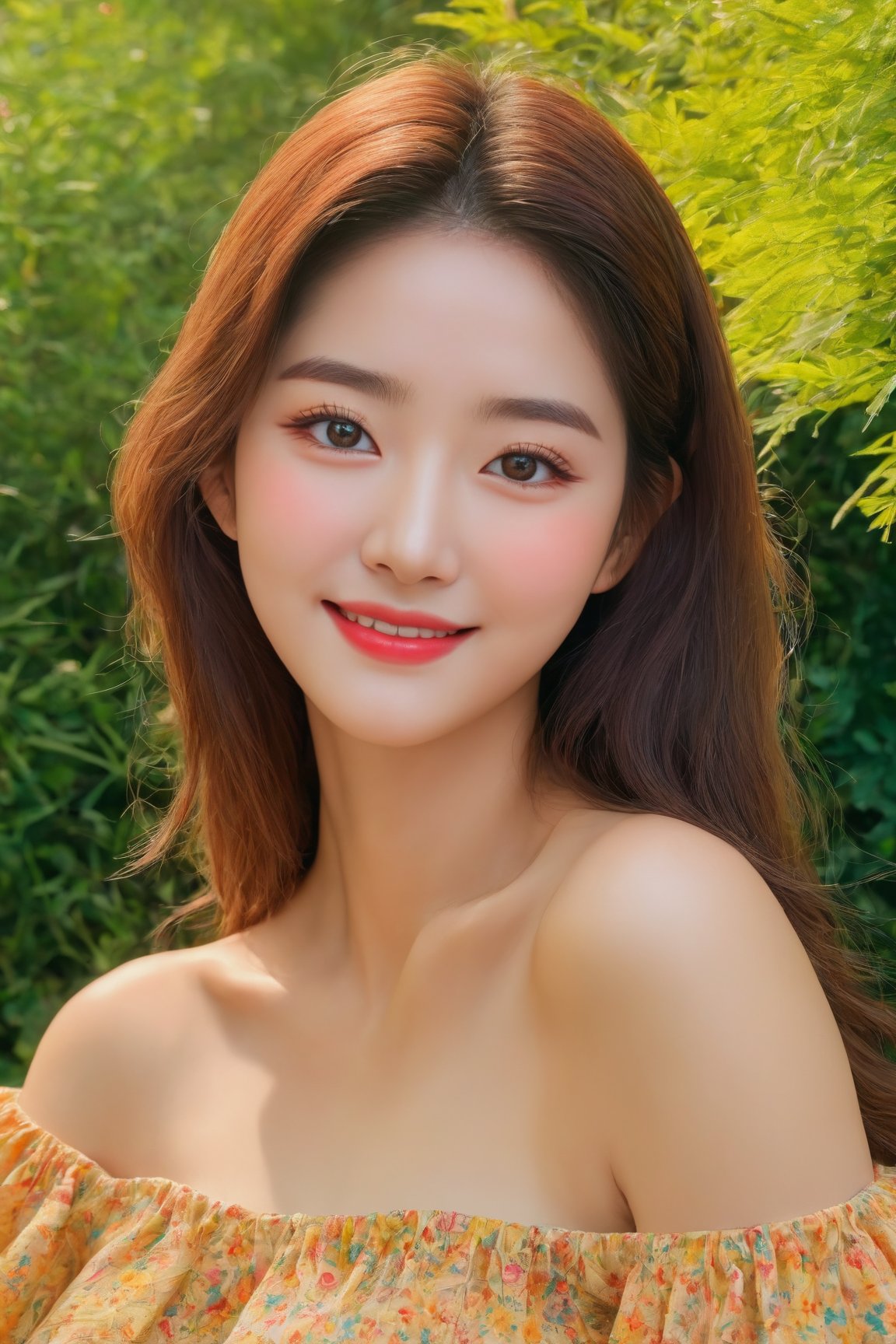 (best quality, masterpieces:1.2, ultra high resolution, 8k, realistic:1.4), 1girl, korean, cute smile, off-the-shoulders, cinematic lighting, beautiful detailed eyes, beautiful detailed lips, longeyelashes, soft skin, flowing hair, colorful garden backdrop, vibrant colors, sunshine ambiance