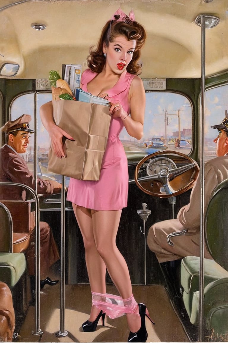1950s pinup art oil painting, artfrahm, brown haired woman, looking at viewer, pink dress, cleavage, thigh high pantyhose, garter straps, black high heels, in bus, male bus driver, 