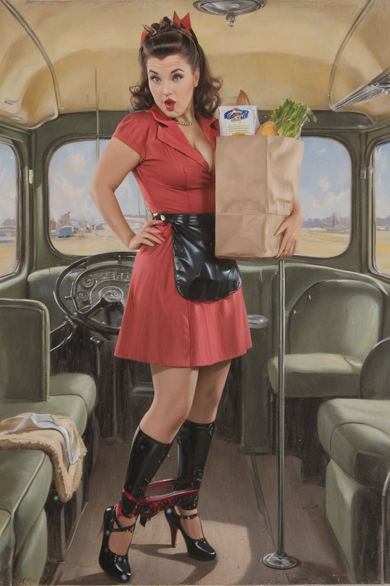 1940s pinup oil painting, artfrahm, brunette woman, looking at viewer, hand to mouth, red dress with apron, cleavage, black thigh high stockings, red high heel shoes, on 1950s bus, 1man is bus driver seated, 