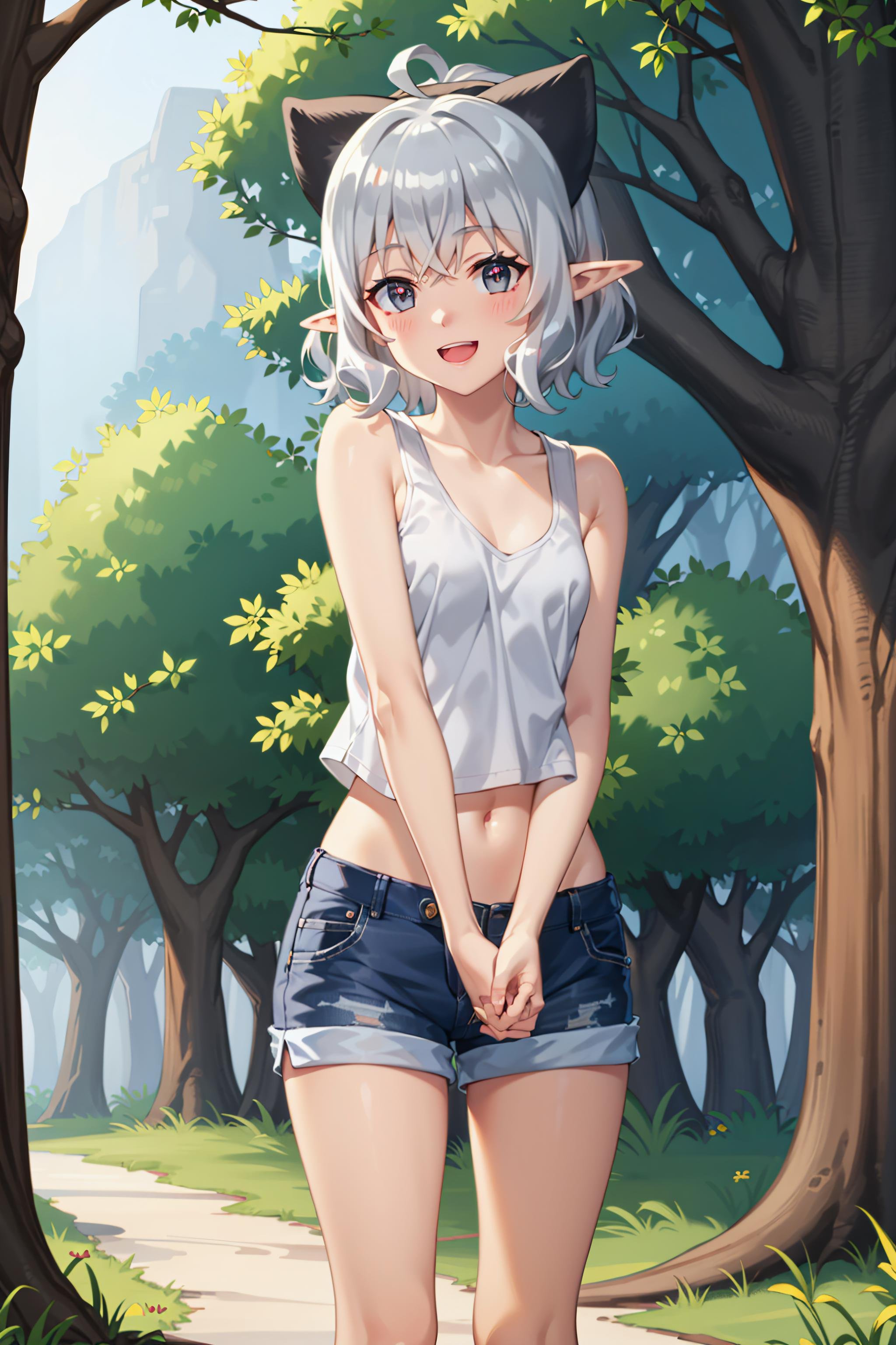 best quality, masterpiece, highly detailed,<lora:chara_IsekaiNonbiriNouka_Flora_v2:0.7>, flora,solo, open mouth, smile,grey hair, short hair, grey eyes, pointy ears, bow, small breasts,tank top, collarbone, midriff, shorts,standing, looking at the viewer,outdoors, forest, tree, grass