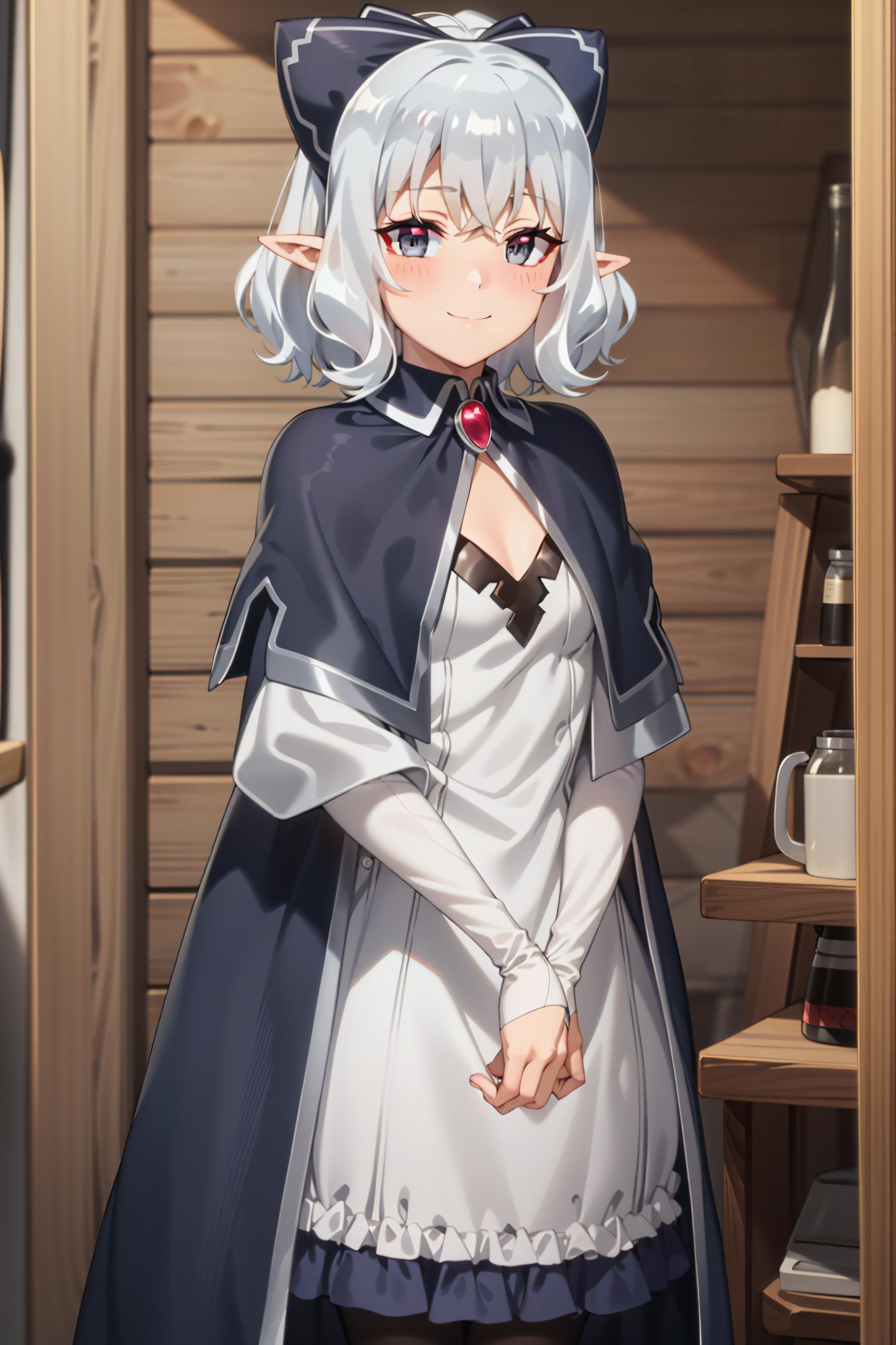 best quality, masterpiece, highly detailed,<lora:chara_IsekaiNonbiriNouka_Flora_v2:0.8>, flora,solo, closed mouth, light smile, light blush,grey hair, short hair, grey eyes, pointy ears, bow, small breasts,white dress, short dress, capelet, brooch,standing, looking at the viewer,indoors, wood