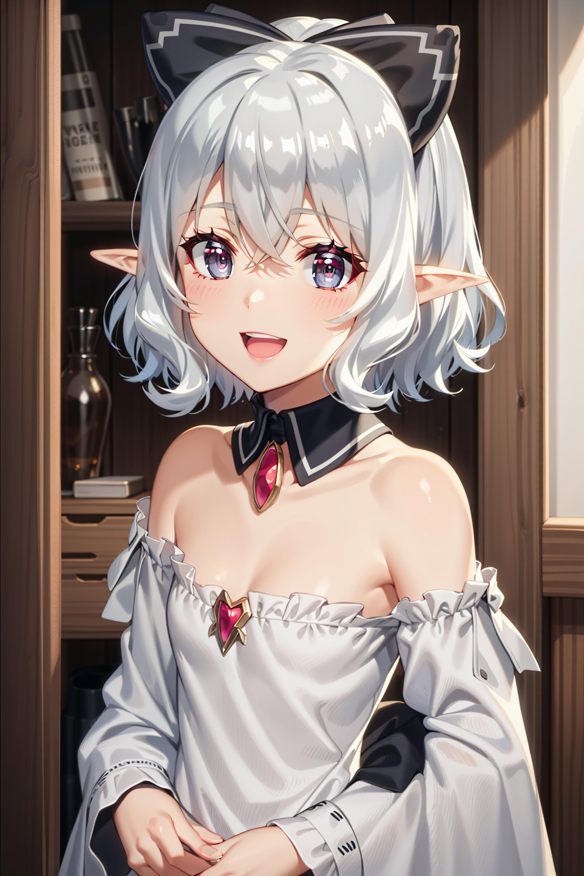 best quality, masterpiece, highly detailed,<lora:chara_IsekaiNonbiriNouka_Flora_v2:0.7>, flora,solo, open mouth, smile,grey hair, short hair, grey eyes, pointy ears, bow, small breasts,white dress, brooch,close-up, portrait, looking at the viewer,indoors, wood