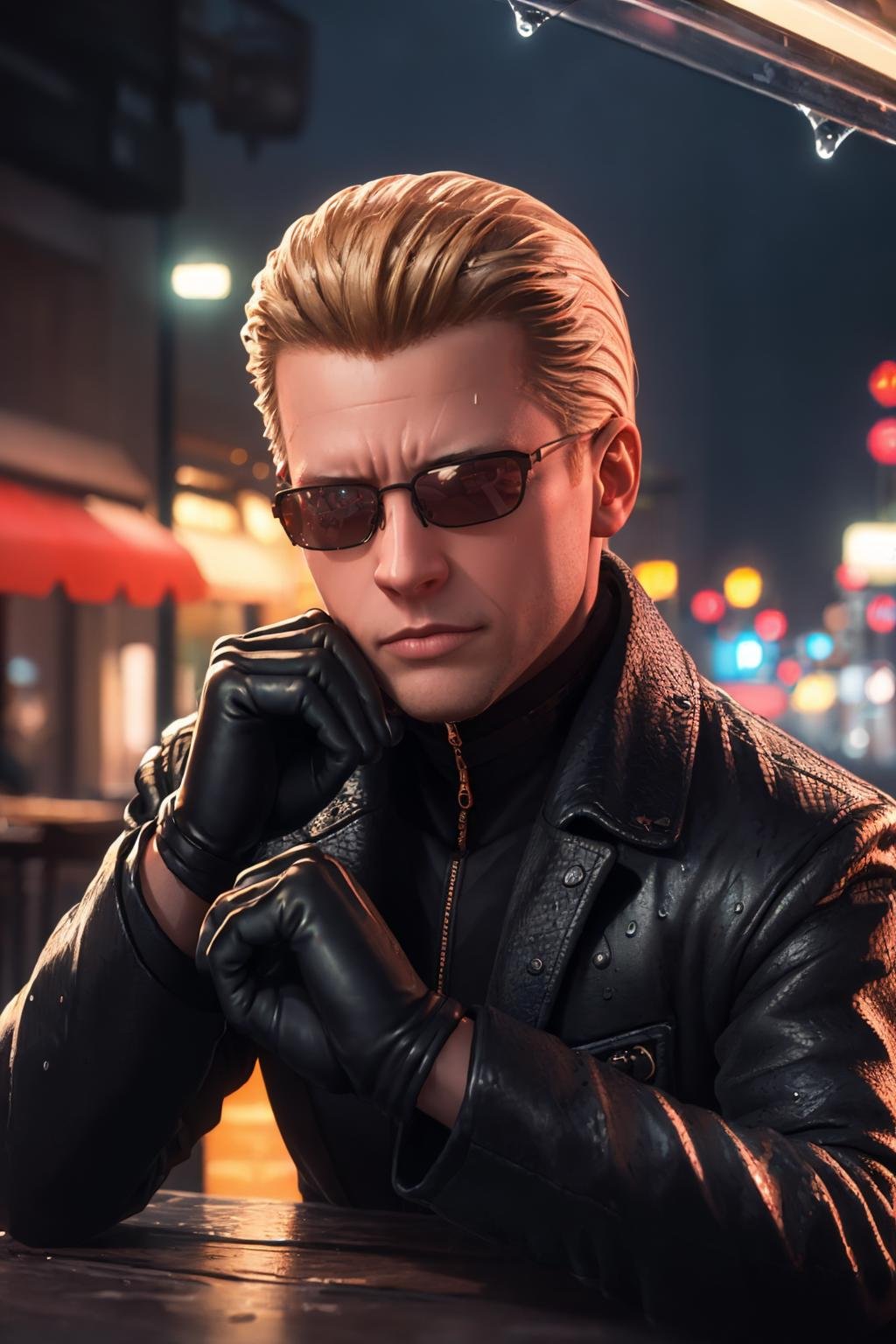 (masterpiece, best quality:1.2),  <lora:albertwesker:.95>, albertwesker, solo, gloves, 1boy, jacket, black gloves, coat, sunglasses, leather, outdoors, night sky, rain, reflection, neon lights, cafe, light particles, glowing, raining, portrait, close-up,