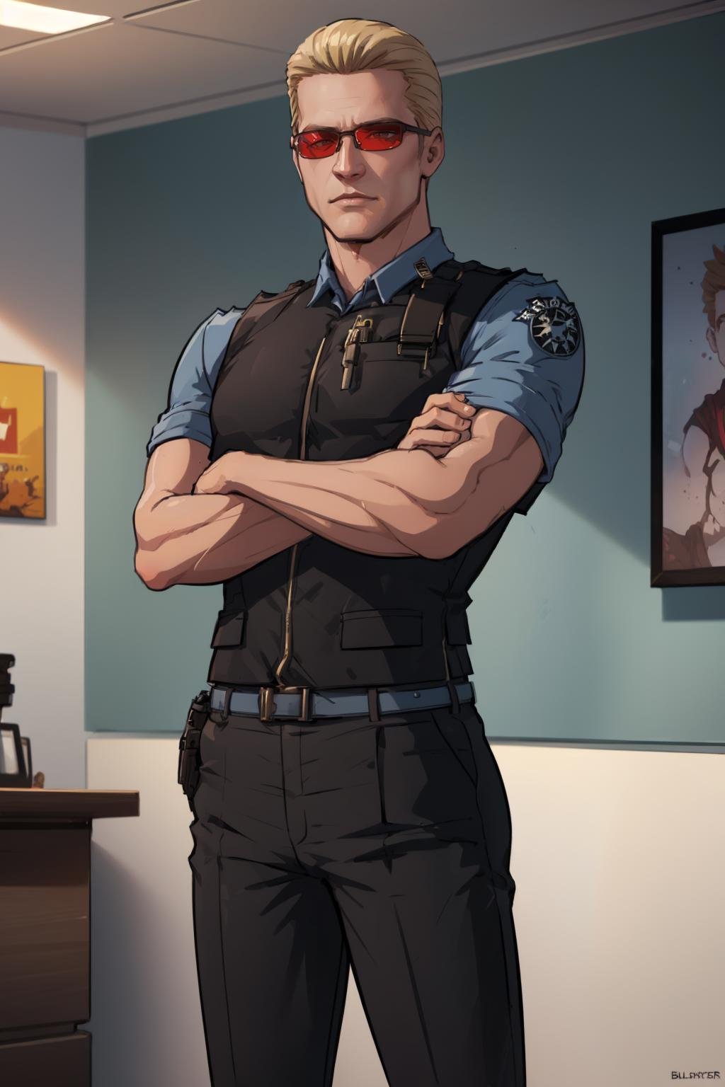 (masterpiece, best quality:1.2),  <lora:albertwesker:.95>, albertwesker, solo, shirt, 1boy, collared shirt, uniform, vest, sunglasses, blue shirt, police uniform, indoors, crossed arms, leaning back, 