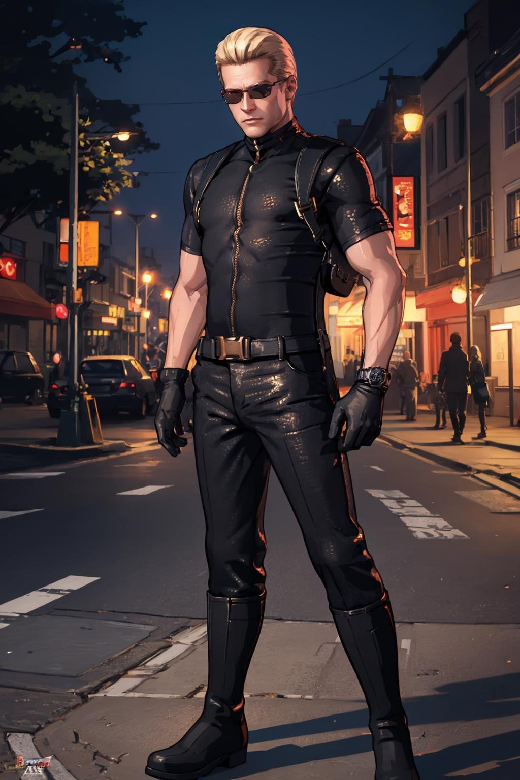 (masterpiece, best quality:1.2),  <lora:albertwesker:.95>, albertwesker, solo, gloves, 1boy, boots, sunglasses, watch, wristwatch, outdoors, 