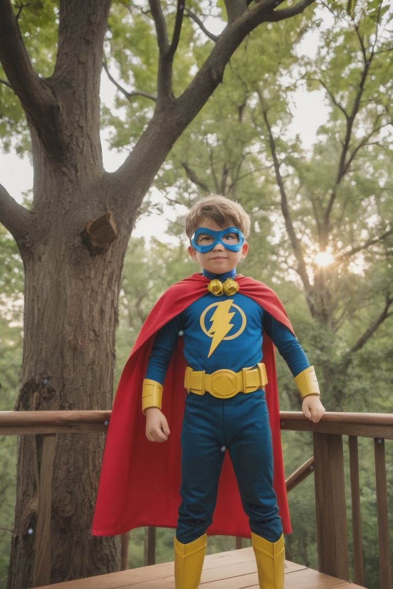 a boy child dressed up as at home superheroes, superhero mask, cape, utility belt, lightning bolt on chest, standing in treehouse, treehouse, from below, tree, waist up framing, 