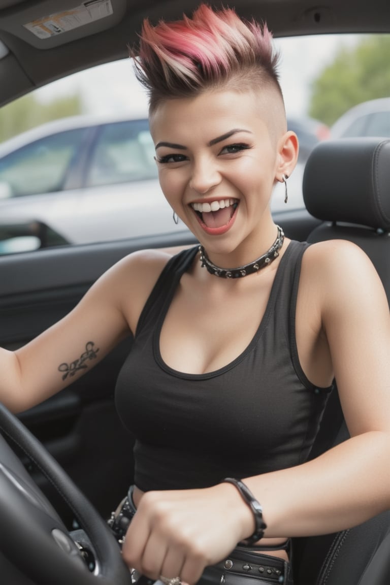 punk rock woman, shaved sides spike mohawk, driving a car, car interior, bag strap across chest, smiling with teeth, open mouth, singing, blurry background, speed lines. crop top black tanktop, cleavage, 