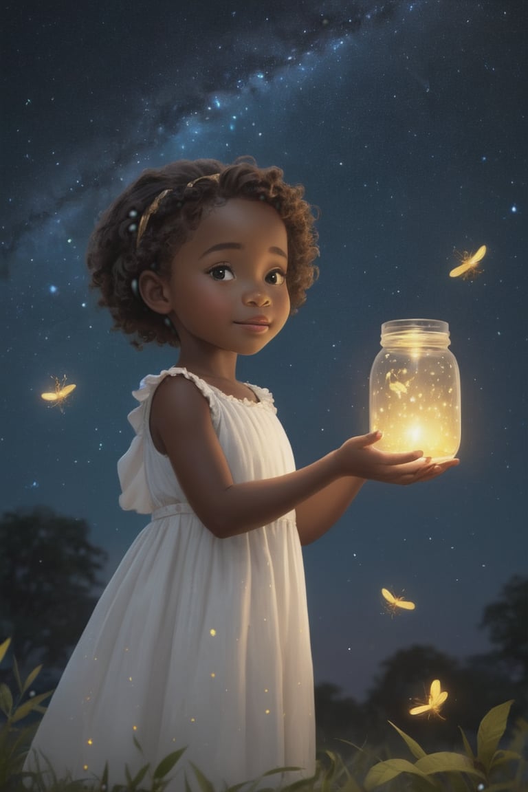 african child, white dress, presenting jar of fireflies, at night, starry sky, holding jar of fireflies, 