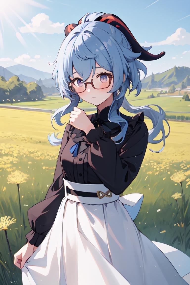 1girl, solo, ganyu \(china merchants bank\) \(genshin impact\), long hair, frilled shirt, black shirt, white skirt, high-waist skirt, black ribbon, semi-rimless eyewear, low ponytail, long sleeves, shy, blush:0.5, outdoors, day, sunlight, cowboy shot, rural, dandelion,