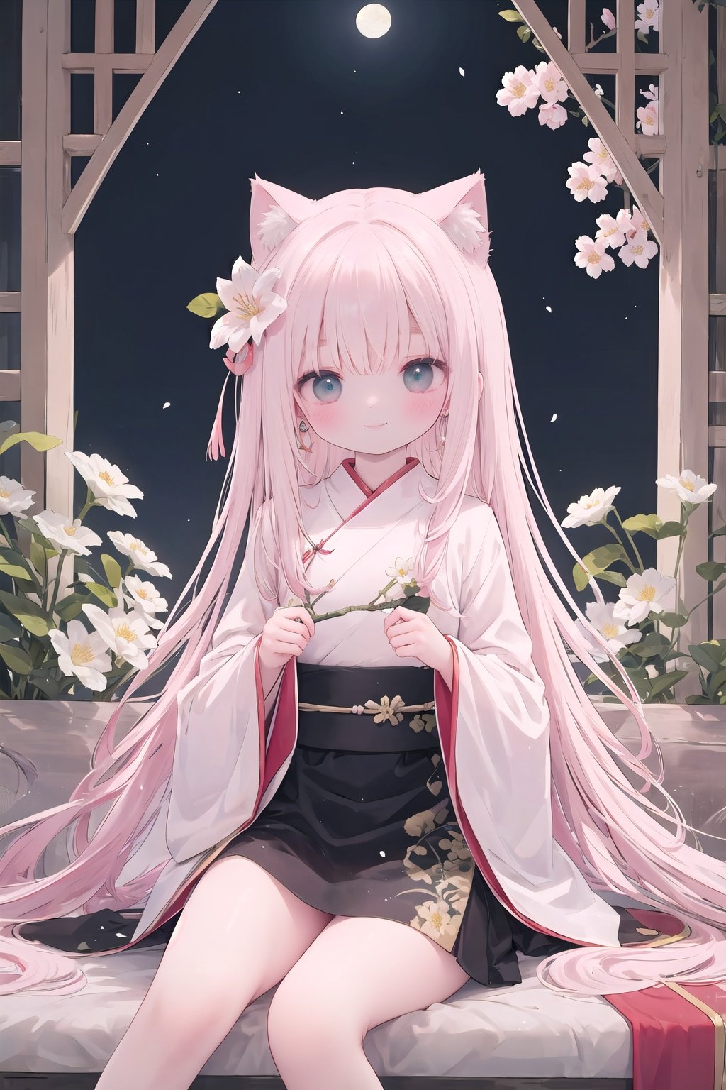 Branches, night, trees, long hair, lap animals, jade shell, sit, round Windows, flowers, smiles, hair accessories, jewelry, in the tree, night sky, earrings, Chinese clothes, spring (season), pink flowers, Hanfu, sky, fortune (fate), very long hair, cat ears, sitting in the tree, hair flowers, stroke, blush, naked tree, wide sleeves, long sleeves