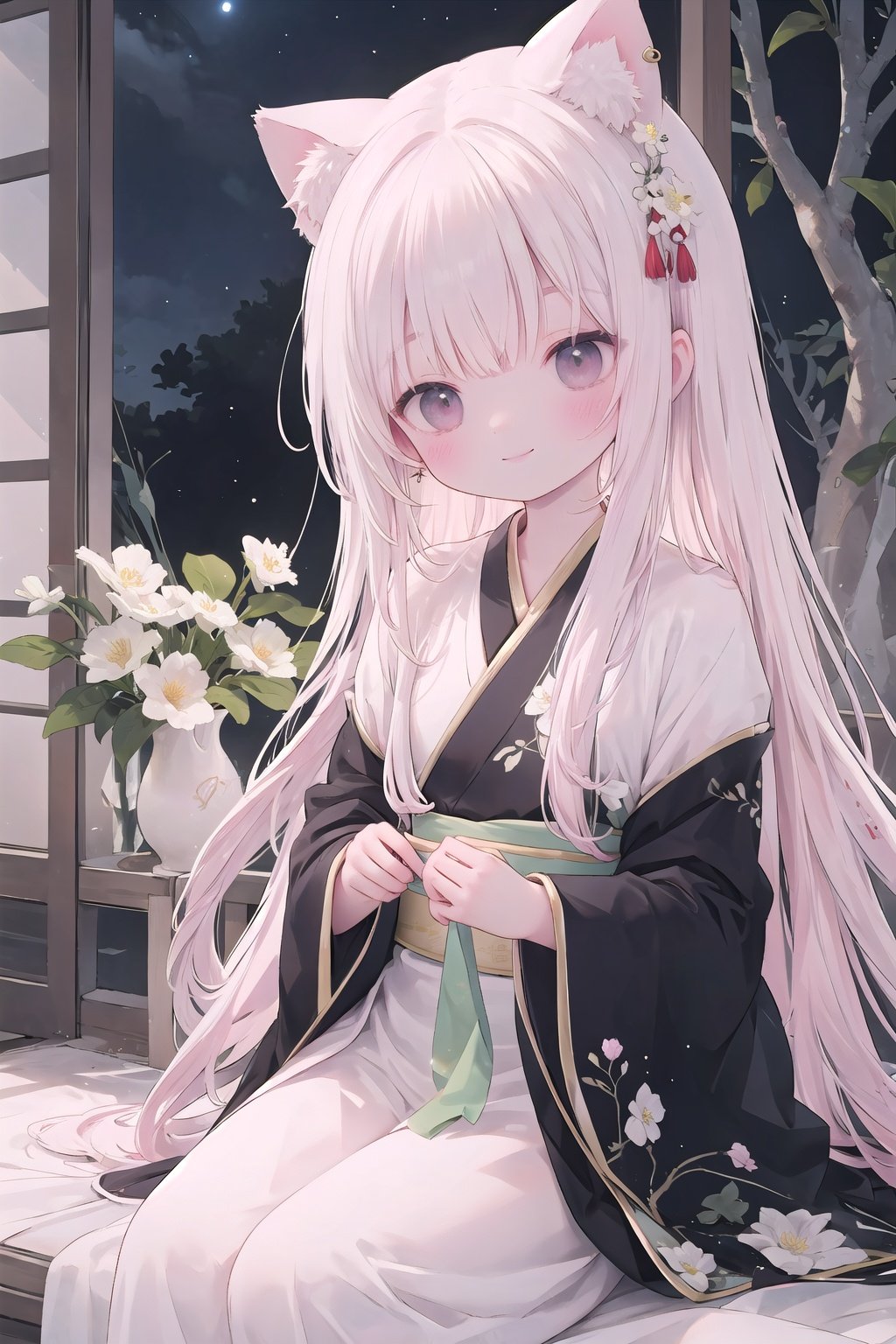  Branches, night, trees, long hair, lap animals, jade shell, sit, round Windows, flowers, smiles, hair accessories, jewelry, in the tree, night sky, earrings, Chinese clothes, spring (season), pink flowers, Hanfu, sky, fortune (fate), very long hair, cat ears, sitting in the tree, hair flowers, stroke, blush, naked tree, wide sleeves, long sleeves