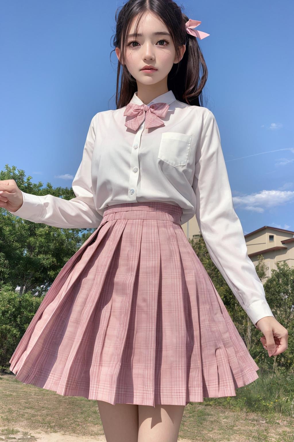 (8k, best quality, masterpiece:1.2), realistic, ultra highres, intricate details,1girl,beautiful face, <lora:jk:0.8>,jk suit,white shirt,pink bow, bowtie,pink skirt,plaid skirt, full body, standing, wide shot, 