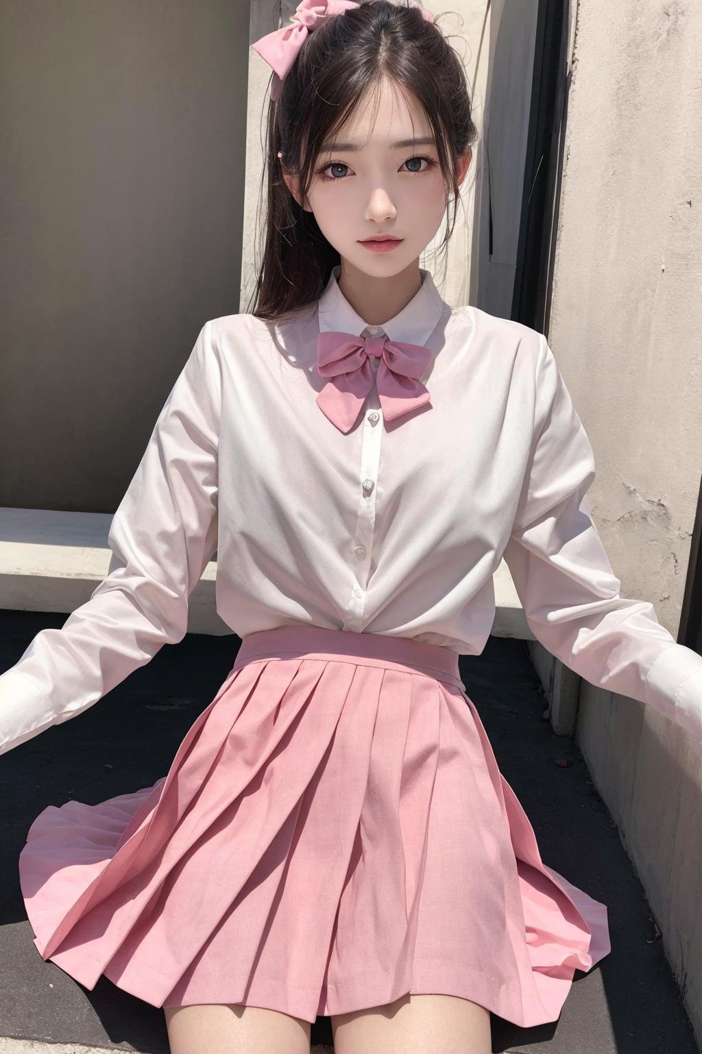 (8k, best quality, masterpiece:1.2), realistic, ultra highres, intricate details,1girl,beautiful face, <lora:jk:0.8>,jk suit,white shirt,pink bow, bowtie,pink skirt,