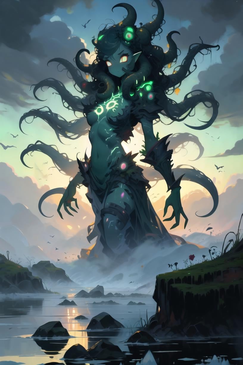 <lora:StyleSwamp:1> Style_SM, solo, no humans, monster, cloud, animal, giant, sky, water, holding, glowing, glowing eyes, creature, tentacles, outdoors, cloudy sky, bird, fogmasterpiece, best quality, 