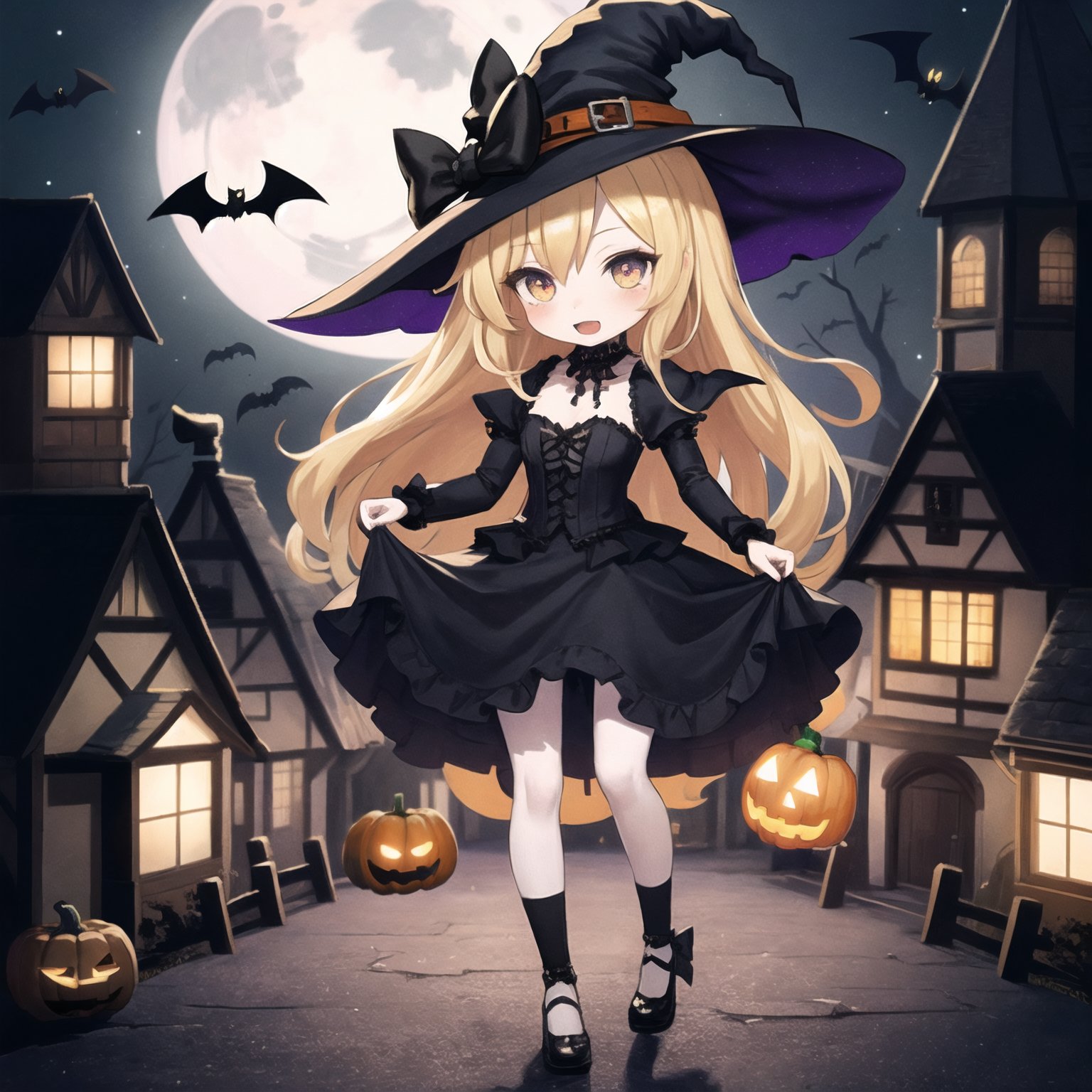 masterpiece, high quality, highly detailed, detailed background, female, girl, (chibi:1.3), (witch:1.1), (gothic:1.2), pale skin, witch hat, ribbon, bow, dots, spots, dress, frills, (corset:0.7), (mage:1.1), blonde hair, long hair, halloween, castle, village, old timey, bats, moon, trick or treat, candy