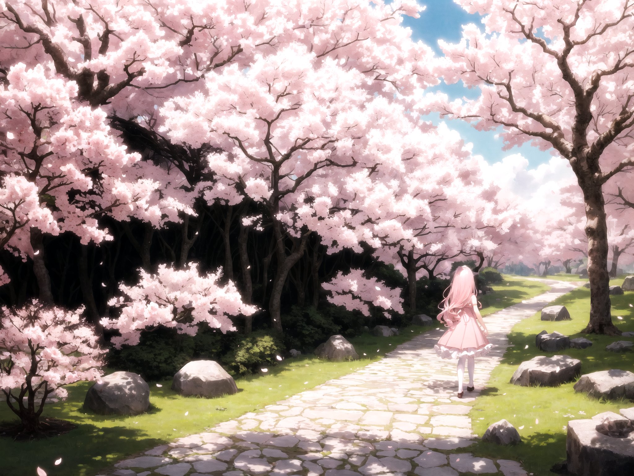 masterpiece, high quality, highly detailed, detailed background, girl, very long hair, curly hair, pink dress, frills, white stockings, from behind, stone path, cherry blossoms, sunlight, sakura, windy, abstract, environment, forest