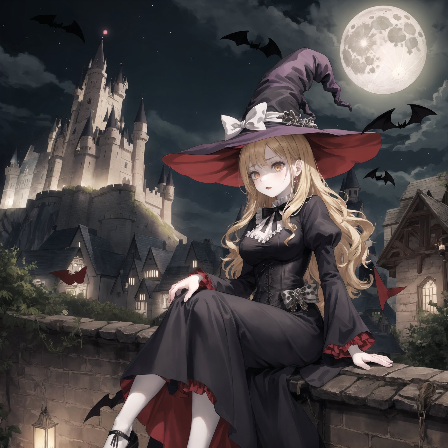 masterpiece, high quality, highly detailed, detailed background, female, girl, (witch:1.1), (gothic:1.2), (pale:0.4) skin, witch hat, ribbon, bow, dots, spots, dress, frills, (corset:0.7), (mage:1.1), blonde hair, long hair, sitting, distant (castle:1.2), (village:1.1), bats, moon, darkness