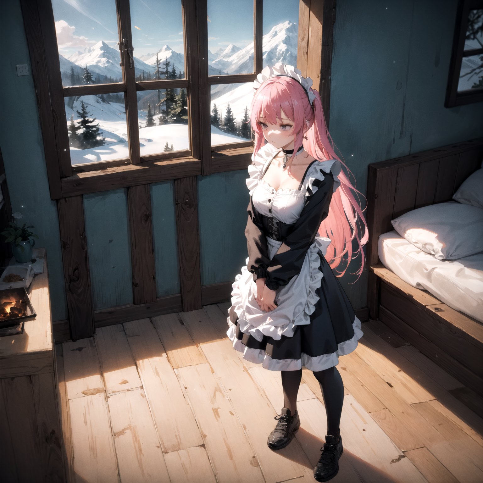 masterpiece, high quality, highly detailed, detailed background, full body, long hair, pink hair, dark (maid outfit:1.1), (winter jacket:0.9), leggings, tired, choker, indoors, cabin, window, winter mountain, low-angle view