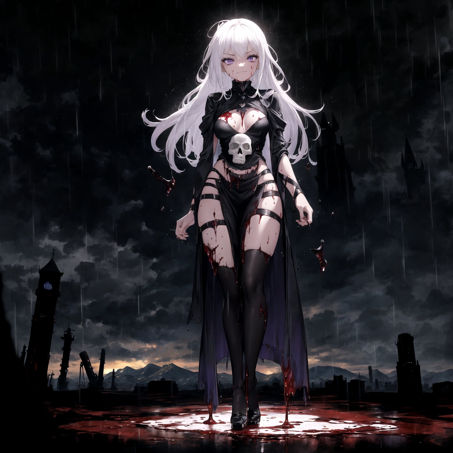 masterpiece, high quality, highly detailed, detailed background, (female, (girl:1.1):1.1), medium breasts, black body paint, purple eyes, white hair, very long hair, smug, (full body:1.1), face shot, (spread body:1.1), BREAK dripping, black tar, oil, skull (tower:1.1), mountains, (raining:1.2) (blood:1.2), tower of babel, low-angle view, treacherous clouds, dark, hellscape, dark, black environment, (abstract:1.2), exotic