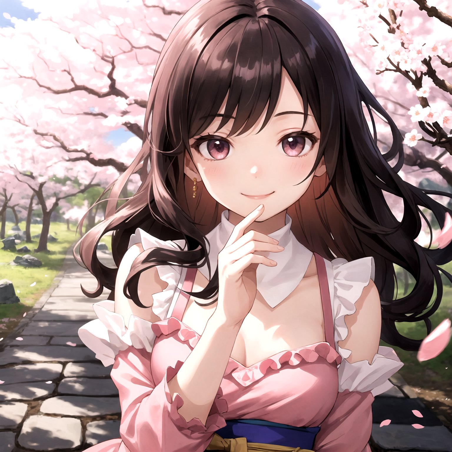 masterpiece, high quality, highly detailed, detailed background, girl, very long hair, curly hair, pink dress, frills, smile, happy, wink, face shot, close up, stone path, cherry blossoms, sunlight, sakura, windy, abstract, environment, forest