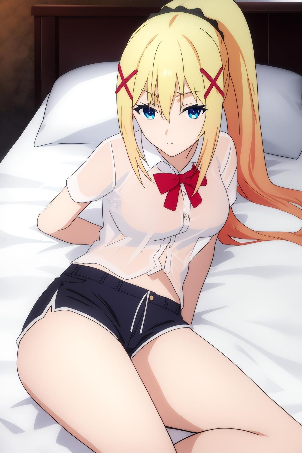 darkness, 1girl, solo, long_hair, breasts, looking_at_viewer, bangs, blue_eyes, blonde_hair, hair_between_eyes, closed_mouth, ponytail, sidelocks, x_hair_ornament, lying, bed, white_shirt, short_shorts