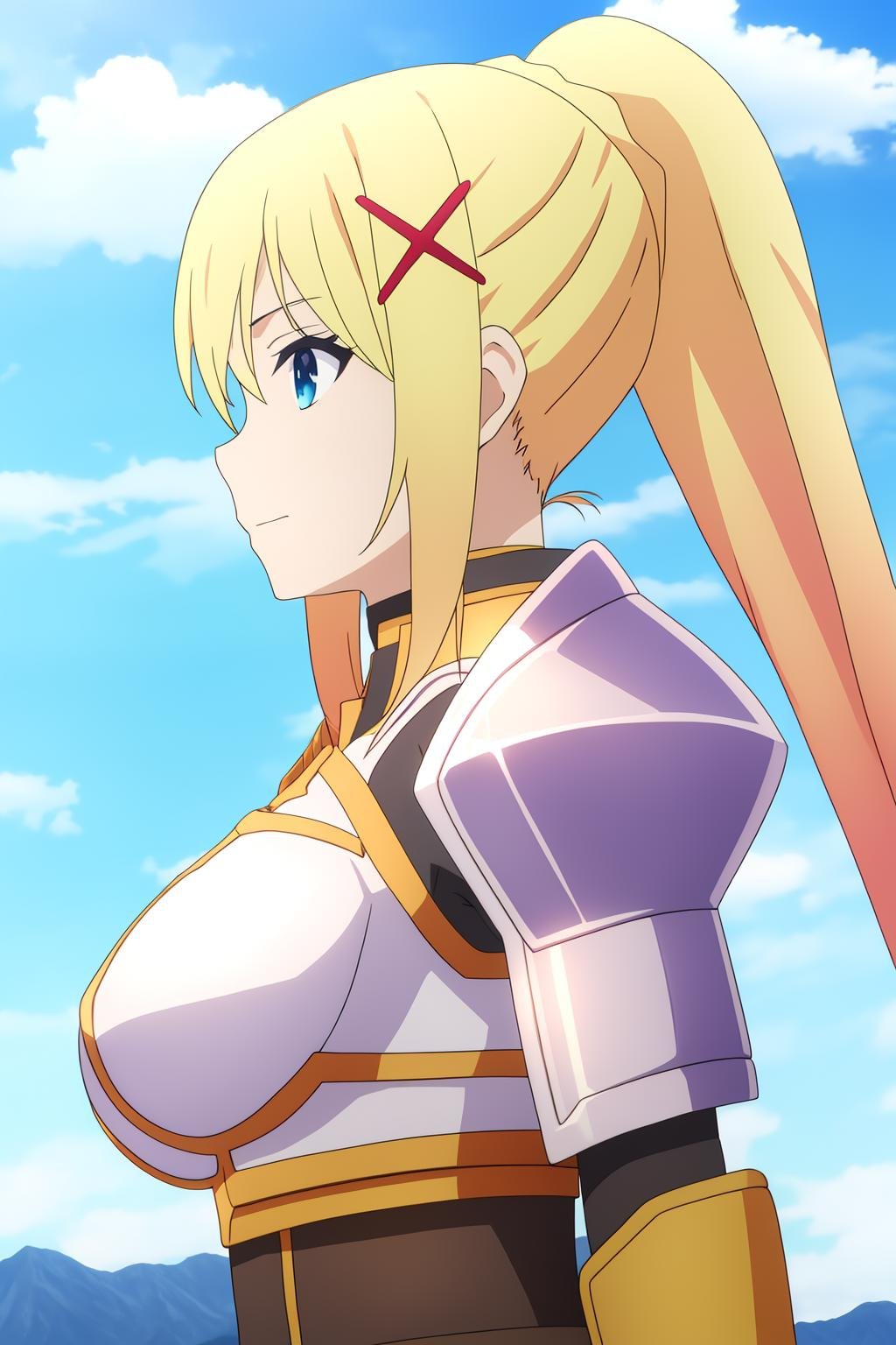 darkness, 1girl, solo, long_hair, breasts, blue_eyes, blonde_hair, large_breasts, hair_ornament, upper_body, ponytail, braid, sidelocks, outdoors, sky, day, cloud, armor, from_side, blue_sky, profile, parody, x_hair_ornament, shoulder_armor, breastplate, mountain