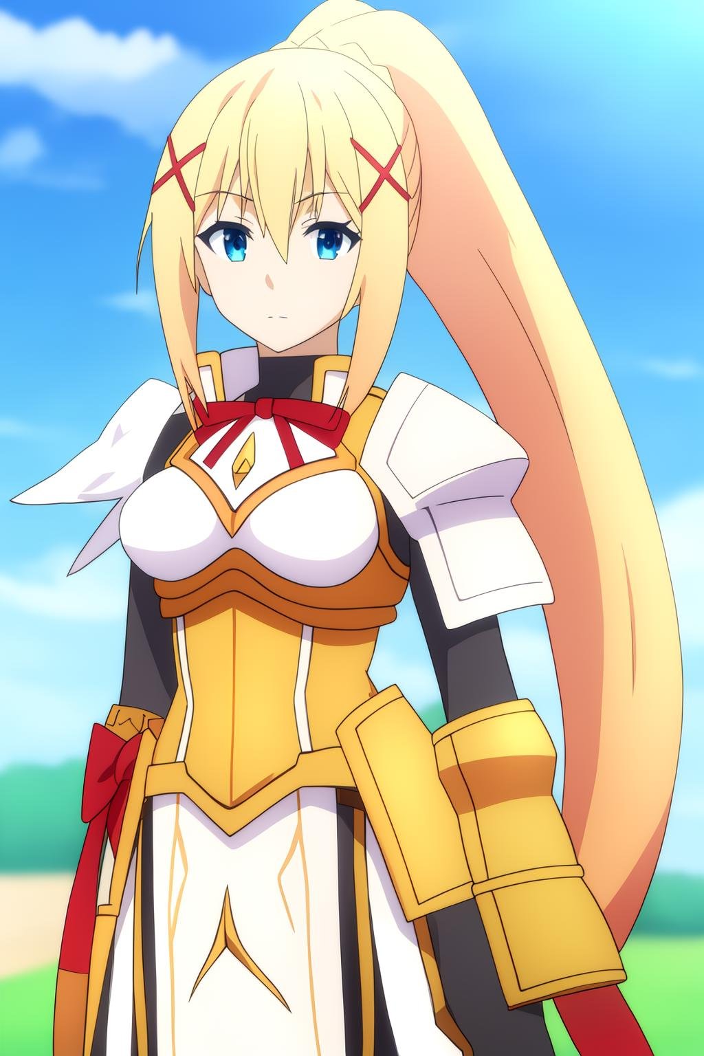 darkness, 1girl, solo, long_hair, breasts, looking_at_viewer, bangs, blue_eyes, blonde_hair, hair_ornament, gloves, ribbon, hair_between_eyes, closed_mouth, standing, ponytail, sidelocks, outdoors, sky, day, cloud, armor, blurry, blue_sky, neck_ribbon, blurry_background, x_hair_ornament, shoulder_armor, breastplate