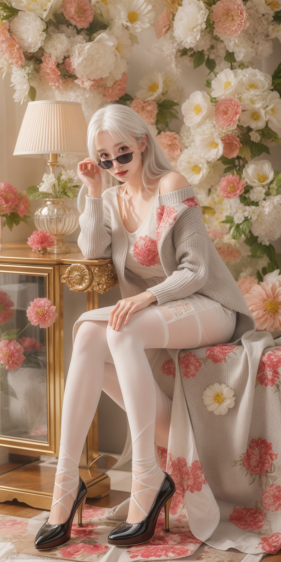 Original,very detailed wallpaper,very detailed illustrations,1girl,white hair,perfect female body,beautiful eyes,(delicate face),(seductive expression),(hair tucking:1.1),impact,black footwear,solo,(grey pantyhose:1.2),(full body:1.1),indoors,white shirt,unbuttoned shirt,see-through,black jacket,off shoulder,pleated skirt,(shiny skin),mouth mask,(best lighting),(super-complex detail),octane rendering,pointed toe high heels,