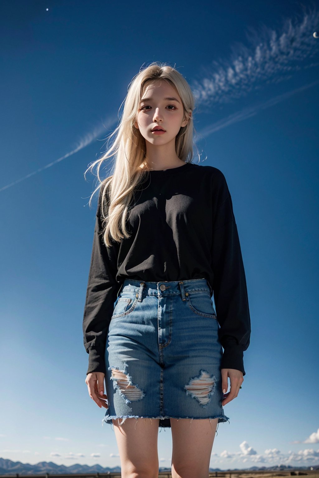 Canon RF85mm f/1.2,1girl,20yo, solo, realistic, long hair, denim, white hair,full body, look at viewer,by (artist Aliza Razell:1.5),Absolute field,((sky night)),Galaxy,simple background,realistic,close up,