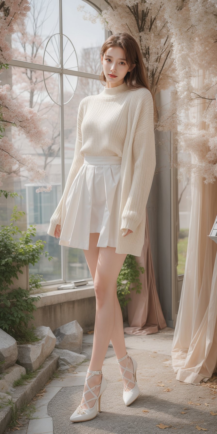 an extremely best quality,masterpiece,(pointed toe high heels:1.2),extremely detailed,realistic,.A beautiful girl casually standing in front of cherry tree and mecha,center,whole body,mecha,long hair,white miniskirt,long legs,high heels,looking at the camera,photo..,