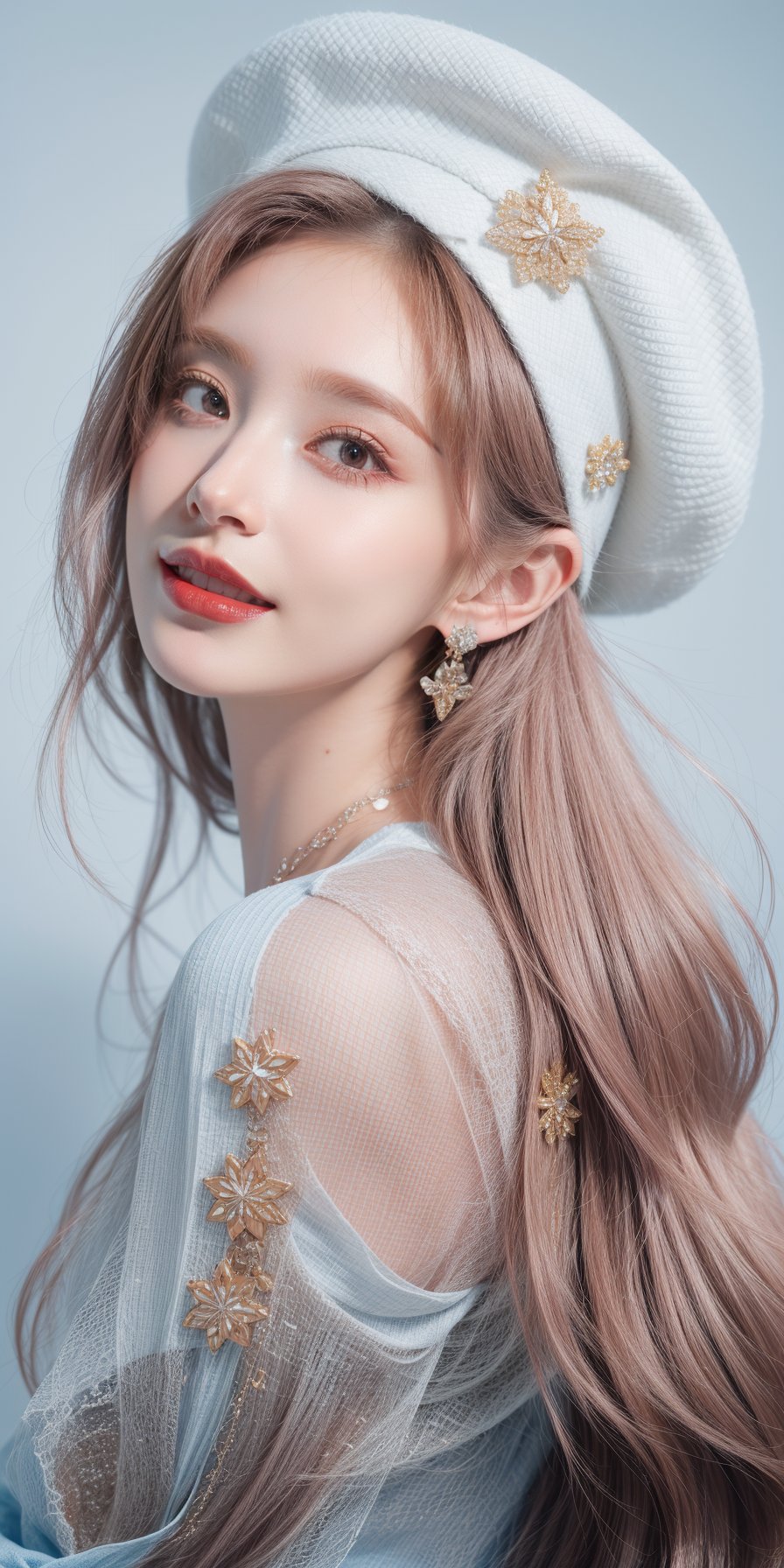 Bright,smiling,enthusiastic,(masterpiece),(best quality),close-up,make up portrait,pink eye shadow,red lips,ultra-high resolution,extremely complex details,white shirt and black suit,long hair,facing the lens,front,a girl,light blue background,earrings,necklace,headwear,