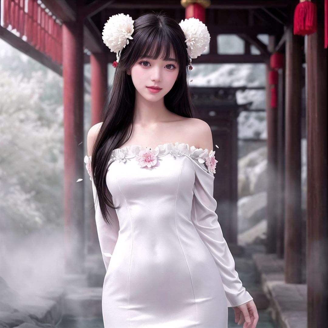 best quality,masterpiece,(masterpiece),((highres)),(melon seed face:1.3),after all,it's an underground ice cave with a small hot spring,((china_dress)),((warm white ancient dress with white fluff)),a peerless beauty dress in white ancient chinese clothing,(blunt bangs:1.1),(bunches:1.5),(Very long hair:1.2),(oil Highlight :1.2),dslr,(a beautiful girl with slim figure and thin cheeks:1.2),(straight and round breasts:1.2),(1girl),(solo),hair ornament,collarbone,Beautiful face,tyndall effect,photorealistic,rim lighting,two tone lighting,(high detailed skin:1.2),8k uhd,soft lighting,high quality,volumetric lighting,candid,Photograph,high resolution,4k,8k,blush,(two side up:1.1),Enter the picture above the thigh,clear and bright light,(hair over shoulder:1.2),bright light,medium breast,a tall and straight figure,two strands of long hair on the temples,the clothes are decorated with scattered flowers,bishoujo,straight_hair,scattered flower rain falling,slender face,8k picture quality,intricate and refined details,extremely realistic picture,narrow gentle eyebrows,beautiful eyelashes,sporadic wintersweet,a beautiful girl isolated from the world,cold woman,peerless face,arm_behind_back,chinese_style,white frilled_dress,a picture in which a person stands upright in the picture and does not tilt,