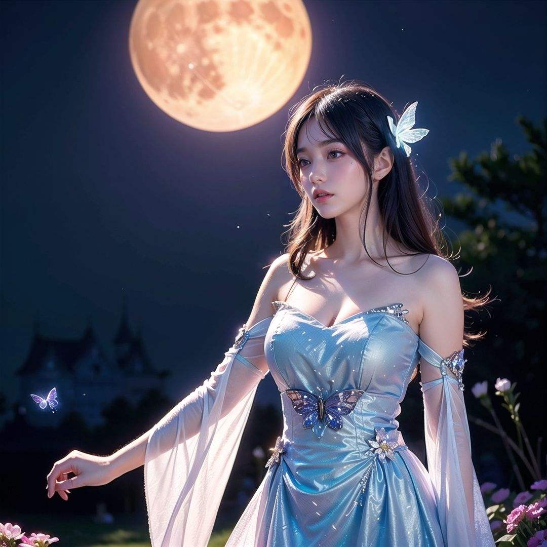 1 girl,purple hair,(brown eyes),(extremely exquisite and beautiful),meteor,meteor shower,(super large moon),(blue moon),(background glowing magic castle:1.5),comet,flower sea,many flowers,flower sea facing the audience,front,solo,butterfly,flying butterfly,There are many butterflies,butterfly hair flower,perspective,half skirt,dreamy light,(8k, RAW photo, best quality, masterpiece:1.2),(realistic, photo fidelity:1.3),Ultra fine,ultra fine cg 8k wallpaper,(crystal textured skin:1.2),background crystal palace,((glowing magic creatures)),fantasy moonlight,the bright moon,night with fireflies,a beautiful woman in a shoulder-drop dress,bunches,