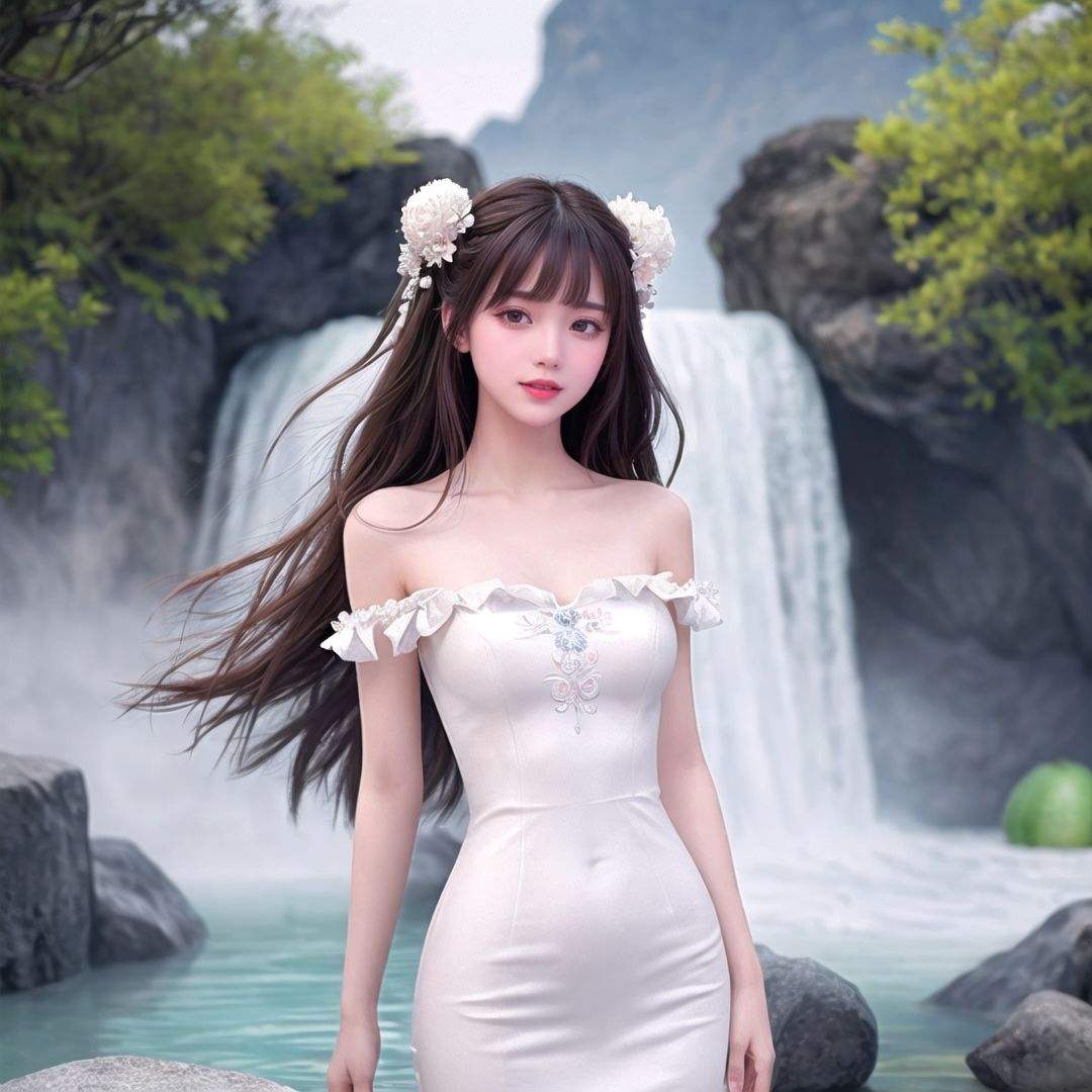 best quality,masterpiece,(masterpiece),((highres)),(melon seed face:1.3),after all,it's an underground ice cave with a small hot spring,((china_dress)),((warm white ancient dress with white fluff)),a peerless beauty dress in white ancient chinese clothing,(blunt bangs:1.1),(bunches:1.5),(Very long hair:1.2),(oil Highlight :1.2),dslr,(a beautiful girl with slim figure and thin cheeks:1.2),(straight and round breasts:1.2),(1girl),(solo),hair ornament,collarbone,Beautiful face,tyndall effect,photorealistic,rim lighting,two tone lighting,(high detailed skin:1.2),8k uhd,soft lighting,high quality,volumetric lighting,candid,Photograph,high resolution,4k,8k,blush,(two side up:1.1),Enter the picture above the thigh,clear and bright light,(hair over shoulder:1.2),bright light,medium breast,a tall and straight figure,two strands of long hair on the temples,the clothes are decorated with scattered flowers,bishoujo,straight_hair,scattered flower rain falling,slender face,8k picture quality,intricate and refined details,extremely realistic picture,narrow gentle eyebrows,beautiful eyelashes,sporadic wintersweet,a beautiful girl isolated from the world,cold woman,peerless face,arm_behind_back,chinese_style,white frilled_dress,a picture in which a person stands upright in the picture and does not tilt,