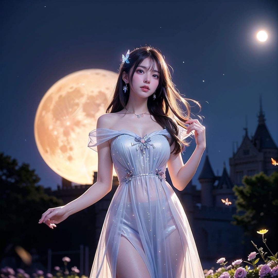 1 girl,purple hair,(brown eyes),(extremely exquisite and beautiful),meteor,meteor shower,(super large moon),(blue moon),(background glowing magic castle:1.5),comet,flower sea,many flowers,flower sea facing the audience,front,solo,butterfly,flying butterfly,There are many butterflies,butterfly hair flower,perspective,half skirt,dreamy light,(8k, RAW photo, best quality, masterpiece:1.2),(realistic, photo fidelity:1.3),Ultra fine,ultra fine cg 8k wallpaper,(crystal textured skin:1.2),background crystal palace,((glowing magic creatures)),fantasy moonlight,the bright moon,night with fireflies,a beautiful woman in a shoulder-drop dress,bunches,