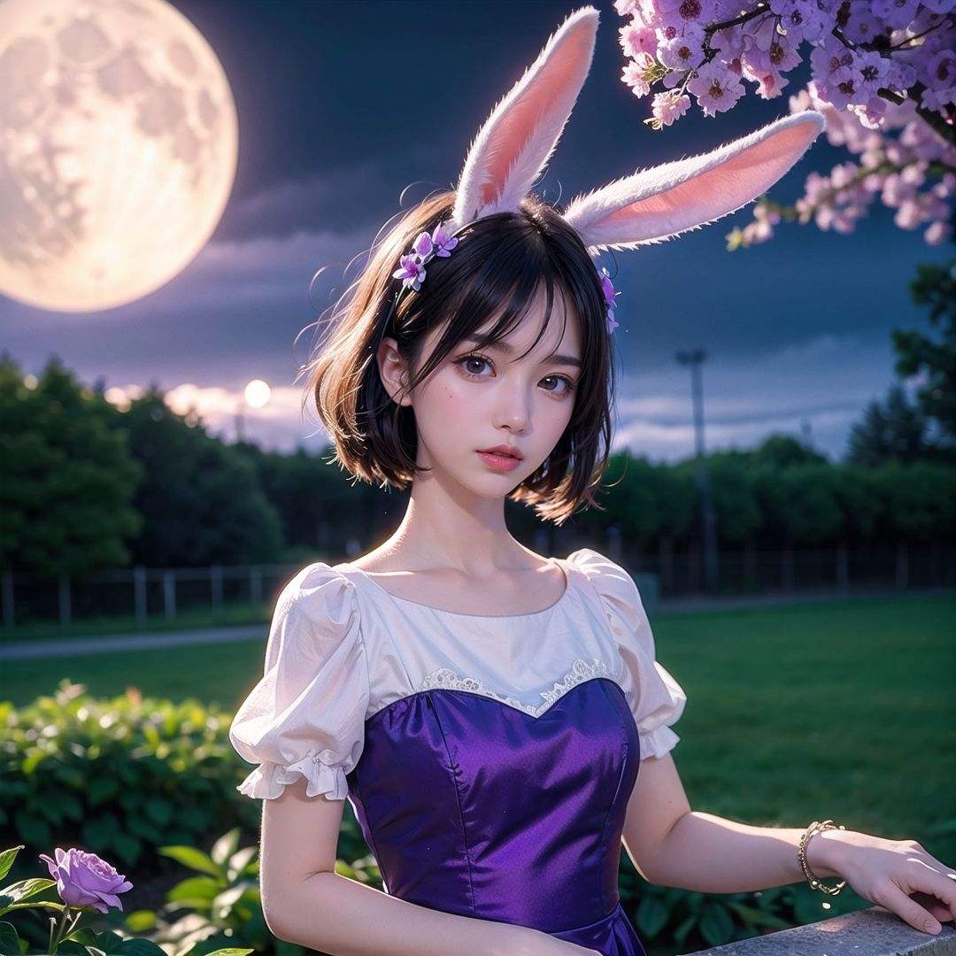 (masterpiece, best quality:1.2),illustration,absurdres,highres,extremely detailed,1 girl,white short hair,rabbit ears,red eyes,eye highlights,dress,short puffy sleeves,frills,outdoors,flower,fluttering petals,upper body,(moon:1.2),night,depth of field,(:d:0.8),chromatic aberration abuse,pastel color,Depth of field,garden of the sun,shiny,Purple tint,(Purple fog:1.3),