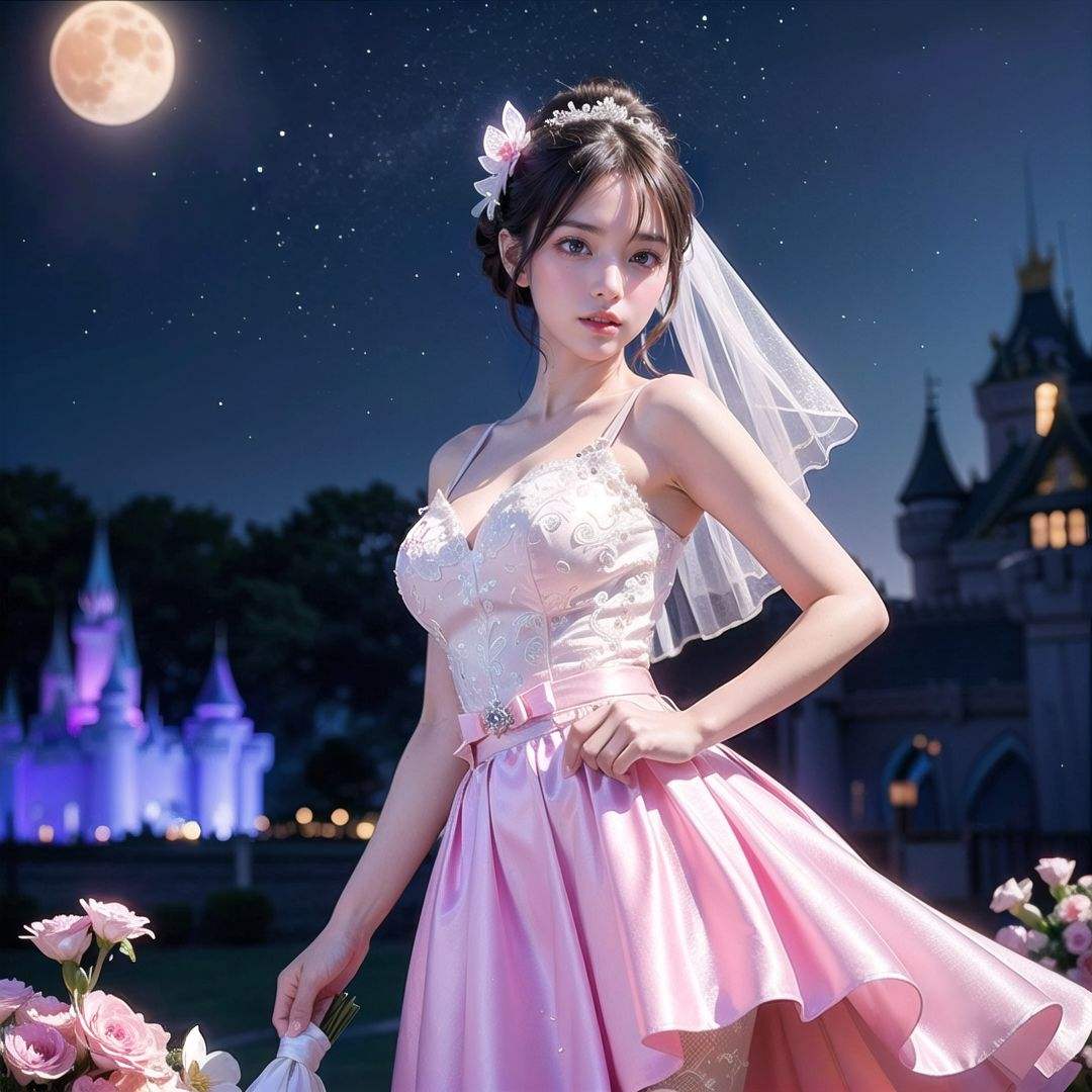 1 girl,purple hair,(brown eyes),(extremely exquisite and beautiful),meteor,meteor shower,(super large moon),(blue moon),(pantyhose:1.3),(beautiful women in pink skirts and wedding dresses:1.3),(bunches:1.3),(background glowing magic castle:1.5),pink wedding dress,comet,flower sea,many flowers,flower sea facing the audience,front,solo,butterfly,flying butterfly,There are many butterflies,butterfly hair flower,perspective,half skirt,dreamy light,(8k, RAW photo, best quality, masterpiece:1.2),(realistic, photo fidelity:1.3),Ultra fine,ultra fine cg 8k wallpaper,(crystal textured skin:1.2),background crystal palace,((glowing magic creatures)),fantasy moonlight,the bright moon,night with fireflies,