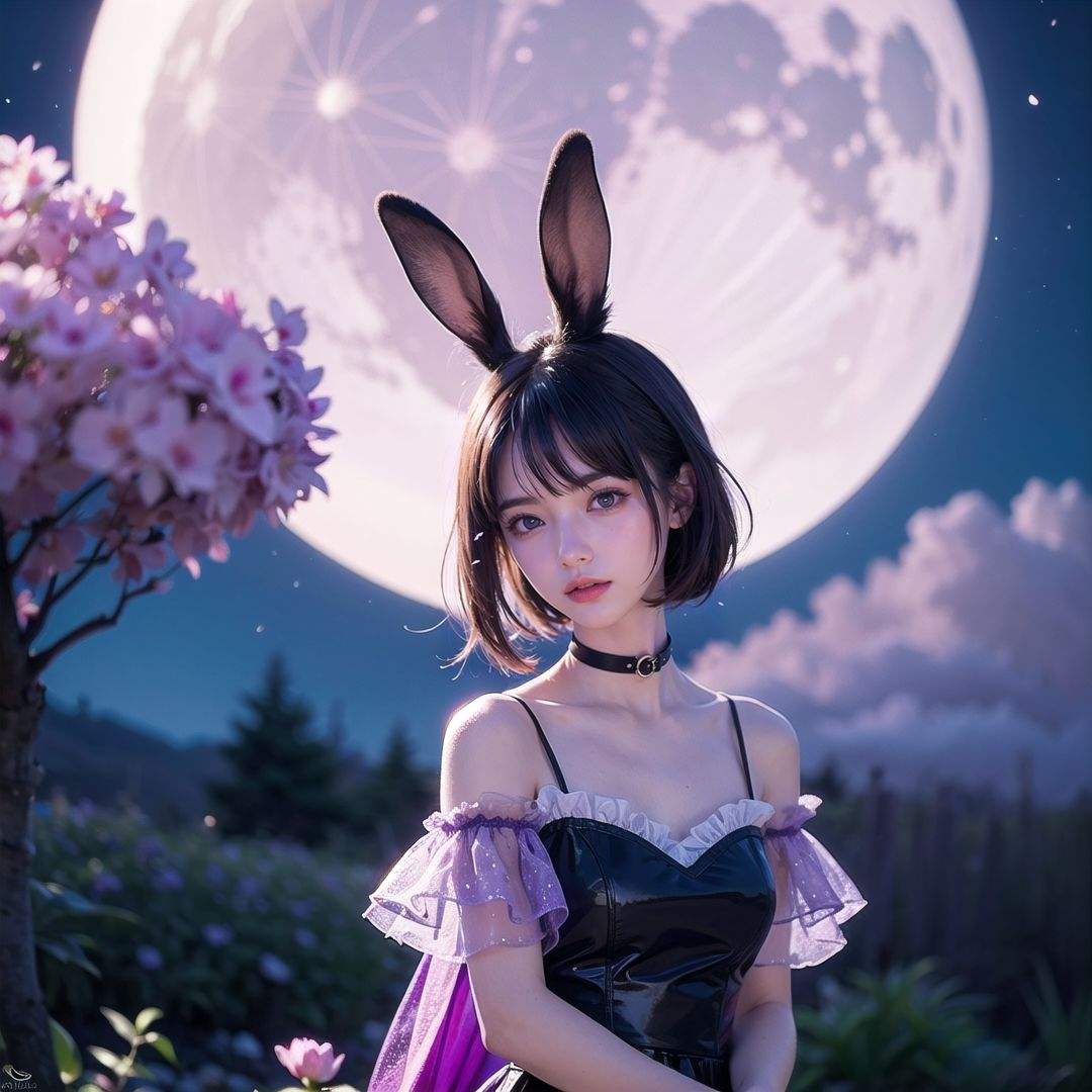 (masterpiece, best quality:1.2),illustration,absurdres,highres,extremely detailed,1 girl,white short hair,rabbit ears,red eyes,eye highlights,dress,short puffy sleeves,frills,outdoors,flower,fluttering petals,upper body,(moon:1.2),night,depth of field,(:d:0.8),chromatic aberration abuse,pastel color,Depth of field,garden of the sun,shiny,Purple tint,(Purple fog:1.3),