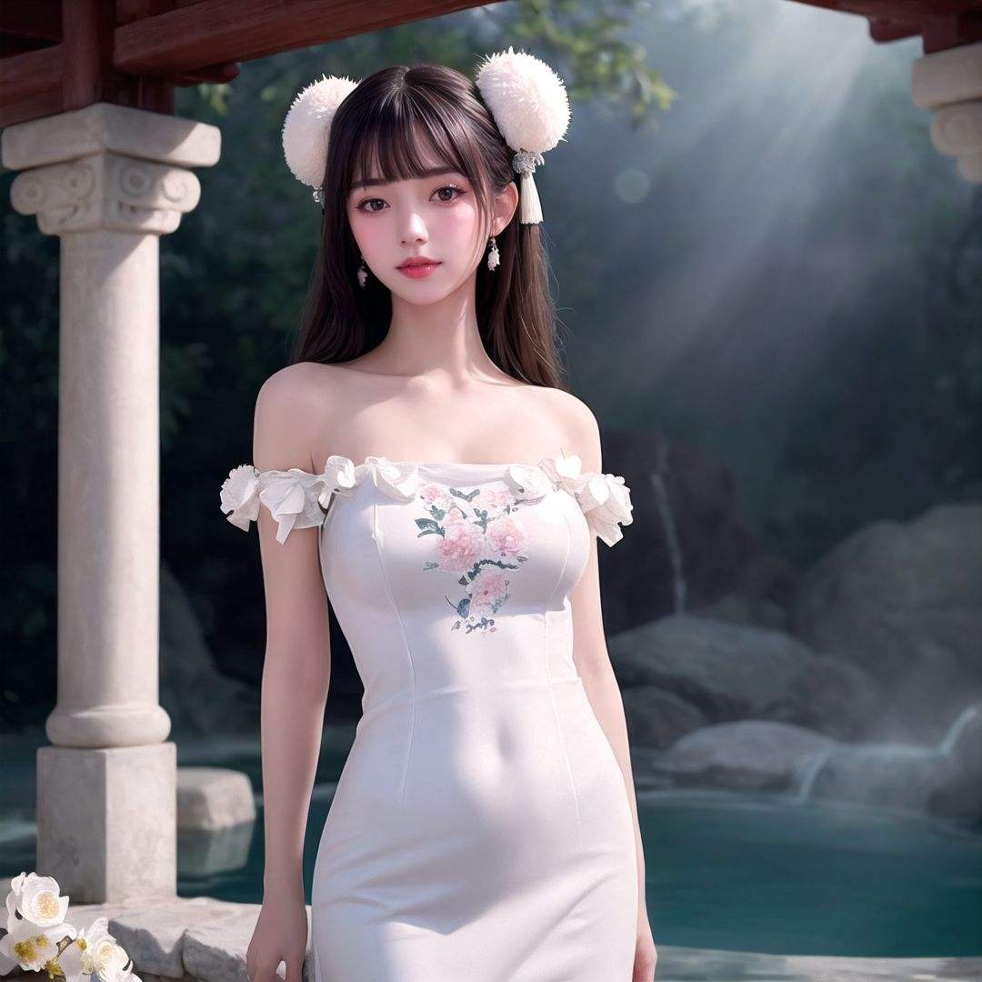 best quality,masterpiece,(masterpiece),((highres)),(melon seed face:1.3),after all,it's an underground ice cave with a small hot spring,((china_dress)),((warm white ancient dress with white fluff)),a peerless beauty dress in white ancient chinese clothing,(blunt bangs:1.1),(bunches:1.5),(Very long hair:1.2),(oil Highlight :1.2),dslr,(a beautiful girl with slim figure and thin cheeks:1.2),(straight and round breasts:1.2),(1girl),(solo),hair ornament,collarbone,Beautiful face,tyndall effect,photorealistic,rim lighting,two tone lighting,(high detailed skin:1.2),8k uhd,soft lighting,high quality,volumetric lighting,candid,Photograph,high resolution,4k,8k,blush,(two side up:1.1),Enter the picture above the thigh,clear and bright light,(hair over shoulder:1.2),bright light,medium breast,a tall and straight figure,two strands of long hair on the temples,the clothes are decorated with scattered flowers,bishoujo,straight_hair,scattered flower rain falling,slender face,8k picture quality,intricate and refined details,extremely realistic picture,narrow gentle eyebrows,beautiful eyelashes,sporadic wintersweet,a beautiful girl isolated from the world,cold woman,peerless face,arm_behind_back,chinese_style,white frilled_dress,a picture in which a person stands upright in the picture and does not tilt,