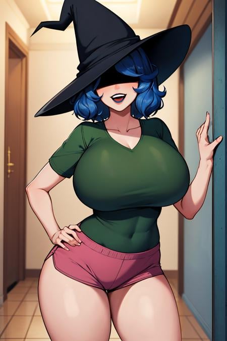 masterpiece, best quality, <lora:decordelia-nvwls-v1-000009:0.9> deCordelia, witch hat, covered eyes, green t-shirt, pink shorts, smile, contrapposto, standing, looking at viewer, hallway, leaning, smile, open mouth, thighs, huge breasts