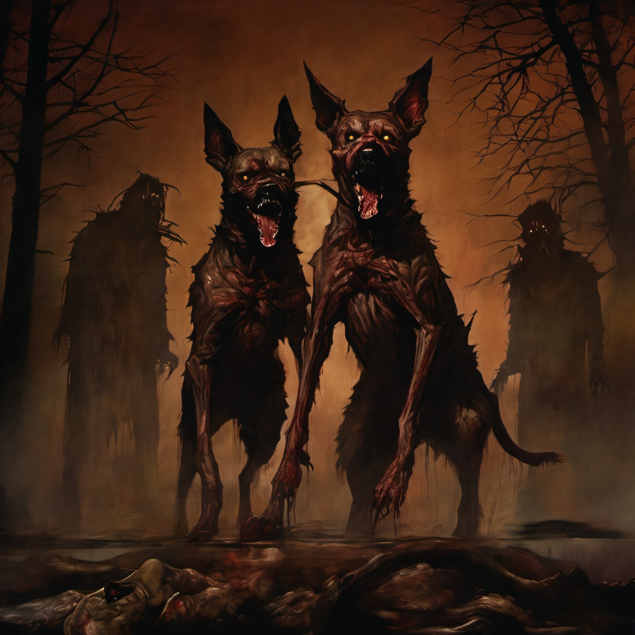 silent hill style, demon , outdoor, night, blood, mosnter, demon dog, dog, zombie