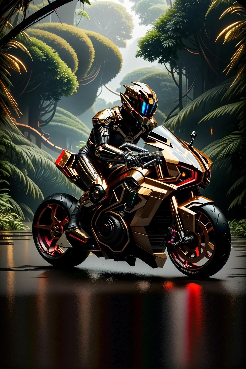 <lora:zzfutbikzz_v1:1> zzfutbikzzmasterpiece, highly detailed photorealistic 8k raw photo, best cinematic quality, volumetric lighting and shadows, sunday lightingmetallic red, glowing, metallic, human on motorcycle, mecha style, reflective, (Fisheye-shot:1.2)(jungle background:1.2)