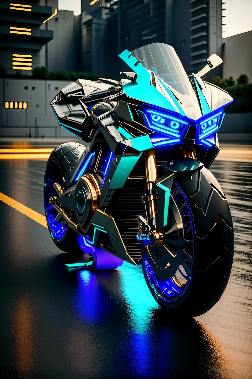 <lora:zzfutbikzz_v1:1> zzfutbikzzmasterpiece, highly detailed photorealistic 8k raw photo, best cinematic quality, volumetric lighting and shadowsmetallic blue motorcycle, glowing, metallic, human on motorcycle, mecha style, reflectiveship background