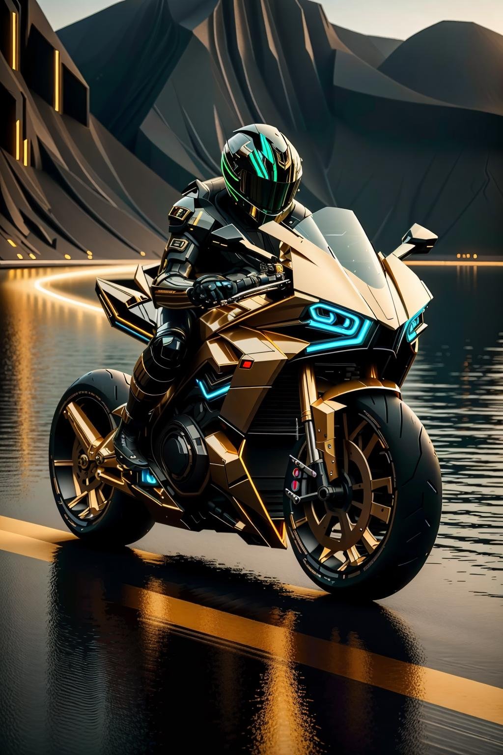 <lora:zzfutbikzz_v1:1> zzfutbikzzmasterpiece, highly detailed photorealistic 8k raw photo, best cinematic quality, volumetric lighting and shadowsmotorcycle, glowing, metallic, human on motorcycle, mecha style, reflectivelake background, vehicles behind