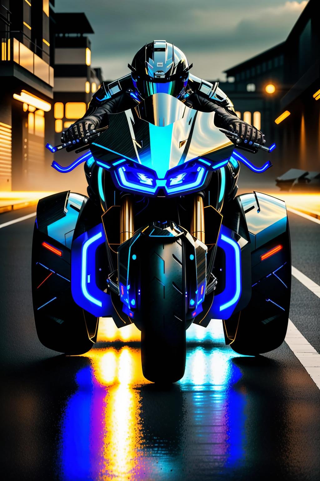 <lora:zzfutbikzz_v1:1> zzfutbikzzmasterpiece, highly detailed photorealistic 8k raw photo, best cinematic quality, volumetric lighting and shadowsmetallic blue motorcycle, glowing, metallic, human on motorcycle, mecha style, reflective(factory background:1.2)