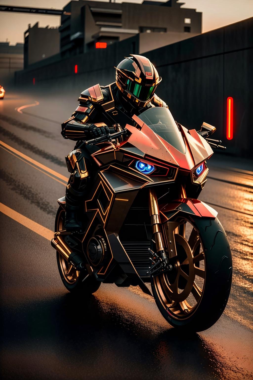 <lora:zzfutbikzz_v1:1> zzfutbikzzmasterpiece, highly detailed photorealistic 8k raw photo, best cinematic quality, volumetric lighting and shadows, sunday lightingmetallic red, glowing, metallic, human on motorcycle, mecha style, reflective, (Medium shot:1.2)(war background:1.2)